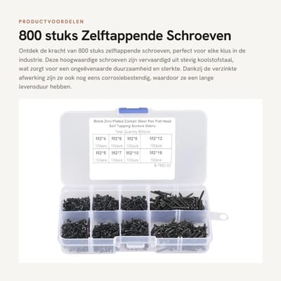 Dailygoods- Zelftappende Schroeven 800 Stuks - Assortiment Kit - Hoogwaardig Koolstofstaal - Corrosiebestendig - Opbergdoos - 8 Lengtes