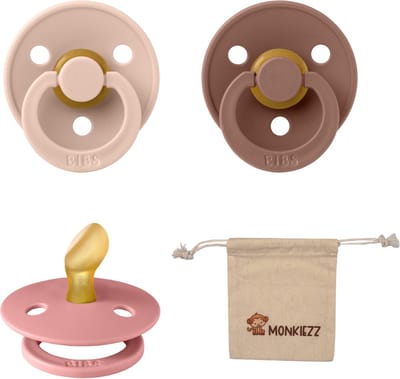 Bibs Dental fopspenen Anatomical 0-6 maanden- Set 3 stuks- Blush, Dusty Pink, Woodchuck + Monkiezz speenzakje - orthodontisch- Anatomisch- Maat 1
