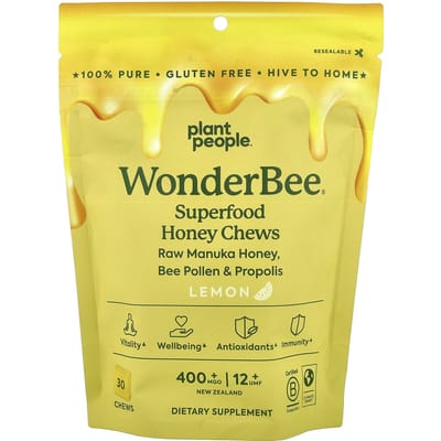 Plant People, wonderBee®, Superfood Honingkauwtabletten, Citroen, MGO 400+, 30 Kauwtabletten