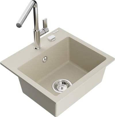 Mexen Milo granieten gootsteen 1-komors met keukenmengkraan Flora, beige - 6505-69-670401-00