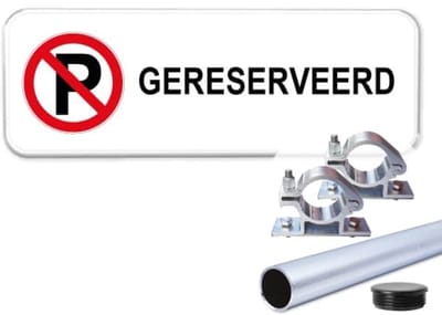 Parkeerbord Gereserveerd - Weerbestendig Aluminium - 40x15 cm - Bevestiging: Met paal 120 cm + paalbeugels + paaldop
