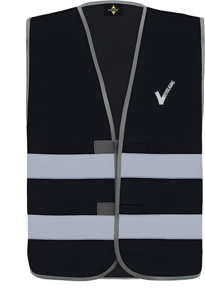 Zwart veiligheidshesje met reflecterende strepen EN met Beveiliging / Security met als borstlogo het bekende V-tje en als ruglogo SECURITY - voor PROFESSIONALS, merk ROLY Maat M / L