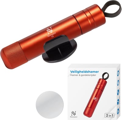 Nuvance - Veiligheidshamer - Noodhamer - Incl. Zelfklevende Houder en Testglas - Lifehammer - Gordelsnijder - Auto Hamer - Veilig Onderweg - Rood