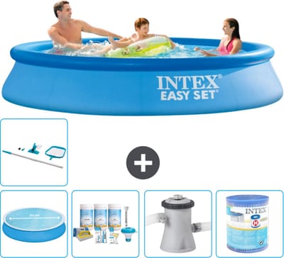 Intex Rond Opblaasbaar Easy Set Zwembad - 305 x 61 cm - Blauw - Inclusief Solarzeil - Onderhoudspakket - Zwembadfilterpomp - Filter - Schoonmaakset - 6-delig