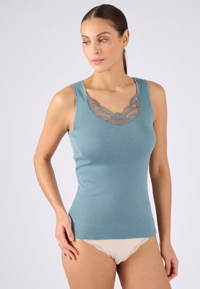 Damart - Tanktop fijn geribde guipure kant Thermolactyl - Dames - Blauw - 34-36 (XS)