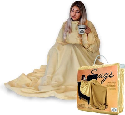 MikaMax Snugs - Plaid - Fleece Deken - Deken Met Mouwen - Hoodie Deken - Warmtedeken voor Volwassen en Kinderen - 140 x 185 cm - Beige