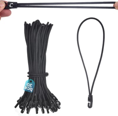 Korte elastische spanners met haken - 30 stuks - zwart - ideaal voor dekzeilen, tenten, camping en aanhangers (25 cm)