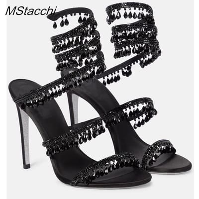 Kristallen Wikkelsandalen Dames Zomer Bruiloftsschoenen Hoge Hak Feestschoenen Enkelbandjes Sandalen Designer Naaldhak Schoenen 40 black
