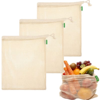 Herbruikbare Groente- en Opslagzakken – Organisch Katoen Gaas – Trekkoord – Wasbaar – Ademend – 30x35cm – 3 Stuks