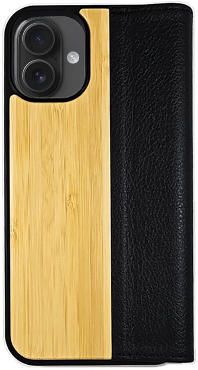 Houten flip case, iPhone 16 Plus – Bamboe met zwart leer