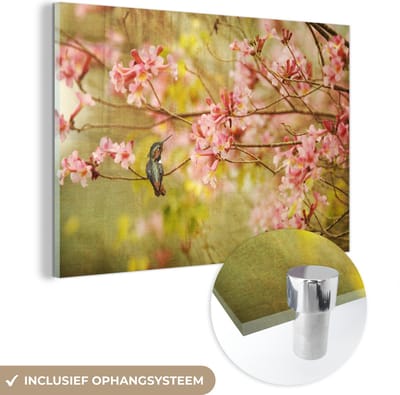® Glasschilderij 180x120 cm - Schilderij acrylglas - Vogel - Kolibrie - Bloesem - Roze - Foto op glas - Muurdecoratie woonkamer - Wanddecoratie slaapkamer - Schilderijen
