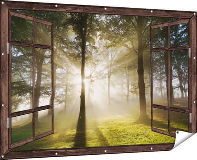 Gards Tuinposter Doorkijk Zon tussen de Bomen - 180x120 cm - Tuindoek - Tuindecoratie - Wanddecoratie buiten - Tuinschilderij