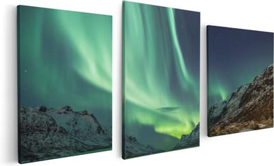 Artaza Canvas Schilderij Drieluik Noorderlicht boven het Water in de Bergen - 120x60 - Foto Op Canvas - Canvas Print
