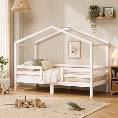 Huisbed 90x200 cm - Kinderbed - Eenpersoonsbed - Massief grenenhout - Met Dakframe En Veiligheidshek - Met lattenbodem - Veilig en comfortabel - Wit