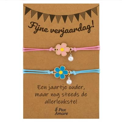 Vriendschapsarmbandjes voor 2 "Fijne Verjaardag" - Bloemetjes - BFF Armbandjes met Persoonlijk Cadeau Kaartje - Roze & Blauw - Elastisch Verstelbaar - Pax Amare