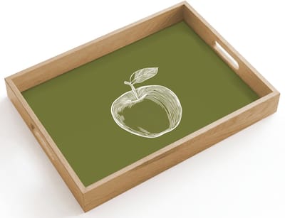 Dienblad hout 40x30 cm - Schootdienblad - Lijntekening - Appel - Olijfgroen - Blaadje - Borrelplank rechthoek - Plateau dienbladen
