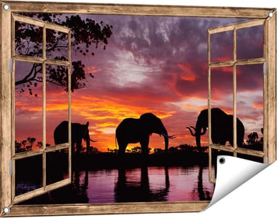 Gards Tuinposter Doorkijk Olifanten tijdens Zonsondergang - Silhouet - 90x60 cm - Tuindoek - Tuindecoratie - Wanddecoratie buiten - Tuinschilderij
