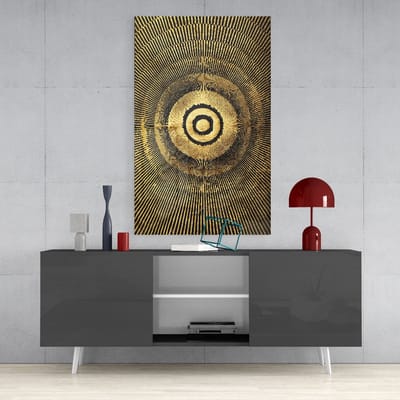Glasschilderij Abstract - Goud - Zwart - Wanddecoratie - Schilderij - Print op glas - 110x70 cm