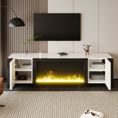 MODFU TV-meubel hoogglans spaanplaat wit/zwart, deuren met push-to-open en elektrische haard