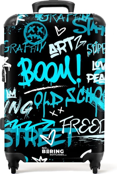 NoBoringSuitcases.com® - Koffer groot - Rolkoffer lichtgewicht - Street art kunstwerk met blauwe teksten - Reiskoffer met 4 wielen - Grote trolley XL - 20 kg bagage