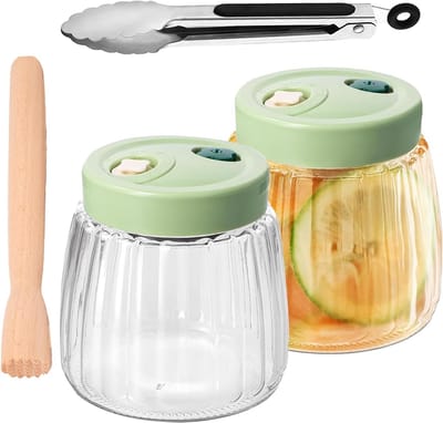 2 Stuks 1 Liter Dubbele Ventiel Fermentatie Glazen Luchtdichte Potten, Ideaal voor Kimchi, Zuurkool en Andere Fermentaties met Tangen en Fermentor