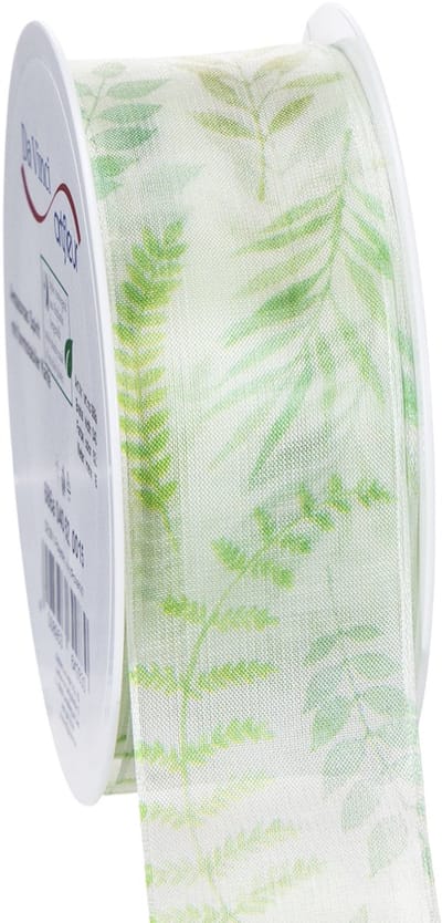 Organza lint, chiffon lint, groen met bladmotieven, 40 mm breed, 15 m