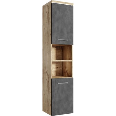 Badplaats Badkamerkast Paso 35 x 35 x 160 cm – Kastanje Eiken met Donker Grijs – Hangende Kolomkast met 2 Deuren
