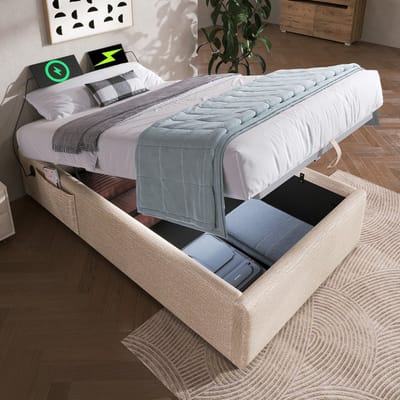 Sweiko Eenpersoonsbed - 90 x 200 cm - Opbergruimte - USB opladen - Zonder hoofdbord/matras - Beige