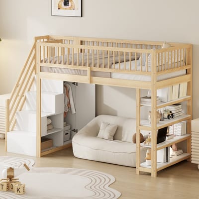 DESMIU Hoge Bed 90 x 200 cm Met Matras Zonder Matras Veiligheidsladder Hoog Beschermhekje Kast Planken En Opbergruimte Voor Kinderkamer Massief Hout Natuurhout