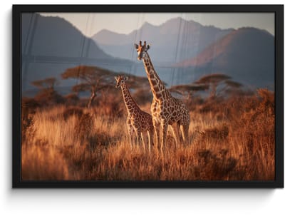 Poster in lijst - Fotolijst 60x40 cm - Posters - Giraffen - Hoog gras - Acaciabomen - Posterlijst zwart - Decoratie - Wanddecoratie woonkamer - Muurdecoratie slaapkamer