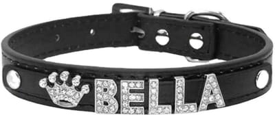 OLOEY Gepersonaliseerde hondenhalsband van PU-leer met naam, halsband met strass-steentjes voor kleine, middelgrote en grote honden, glamoureuze halsband als cadeau voor huisdieren (L, zwart)
