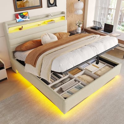 DESMIU Gestoffeerd Bed 140x200cm – Bed Met LED-Verlichting En Oplaadpunten – Hydraulische Opbergruimte Met Plank – Voor Slaapkamer – Linnen – Beige – Zonder Matras