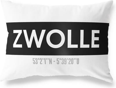 Tuinkussen ZWOLLE - OVERIJSSEL met coördinaten - Buitenkussen - Bootkussen - Weerbestendig - Jouw Plaats - Studio216 - Modern - Zwart-Wit - 50x30cm