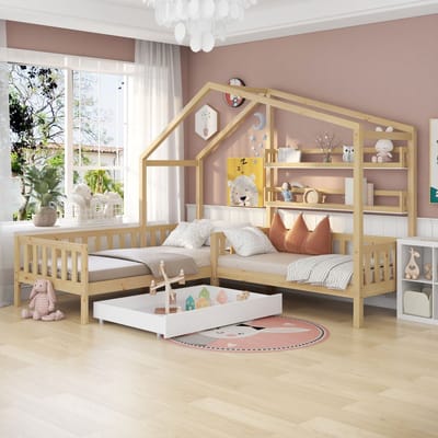 DESMIU Huisbed 90x200cm – L-Vormig Kinderbed Met Opberglades En Planken – Speel- En Slaapruimte Voor Kinderkamer – Massief Hout – Naturel Zonder Matras