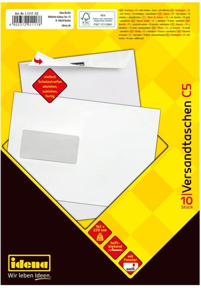 Idena 11117 Envelop C5, FSC-Mix, zelfklevend, met venster, 90 g/m2, 10 stuks, wit