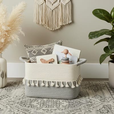 danpinera Opbergmand, jute mand, opbergmand klein, mandenopslag, organizer manden, katoenen mand voor plank, wit en grijs