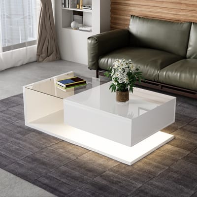 Salontafel - glanzend zwart - bijzettafel - salontafel met glas en led-verlichting