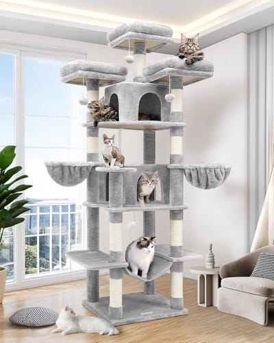 kattenboom grote katten, Krabpaal xxl hoog 204 cm met 3 Zitstang 2 kattenhuis 2 Mand Hangmat Pluche katten speelgoed, kattentoren luxe voor 3-5 grote katten Rust Spelen (F80, Lichtgrijs)