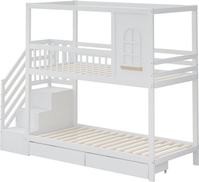 Stapelbed - 90x200 - Huisdesign Opbergladen Veiligheidslad - Opbergveilig - GrenenMDF - Wit/Hout
