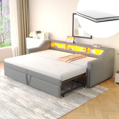 Gestoffeerd Slaapbank 90/180x200 - Met Opbergruimte LED En USB - Met Lattenbodem - Lichtgrijs - Met Matrassen