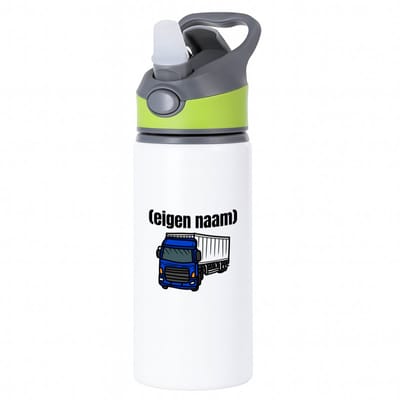 Hacebo® - blauwe vrachtwagen met eigen naam waterfles met rietje groen - Vrachtwagen chauffeur - vrachtauto chauffeurs - iemand die houdt van vrachtwagens - verjaardag - cadeau - kado - geschenk - water fles - 650ML