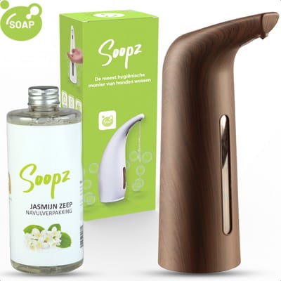 Soopz Automatische Zeepdispenser – Donker Hout – Dark Wood Elegance – Zeeppompje met Bewegingssensor – Met Jasmijn Zeep