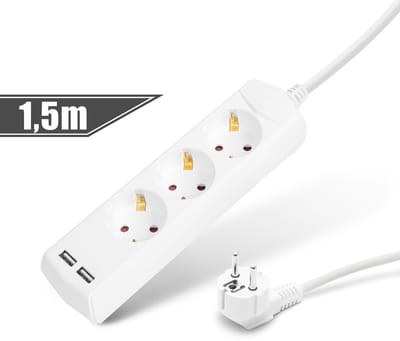 Stekkerdoos 3-voudig - 1,5 m - 2x USB (2,1A) - Kinderbeveiliging - 250V • 16A - Wit [20201U]