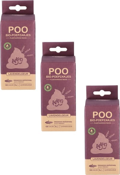 Adori Poo Bio-Poepzakjes - Hondenpoepzakjes - 3 x 22x32 cm 8x15 Zakjes Lavendelgeur