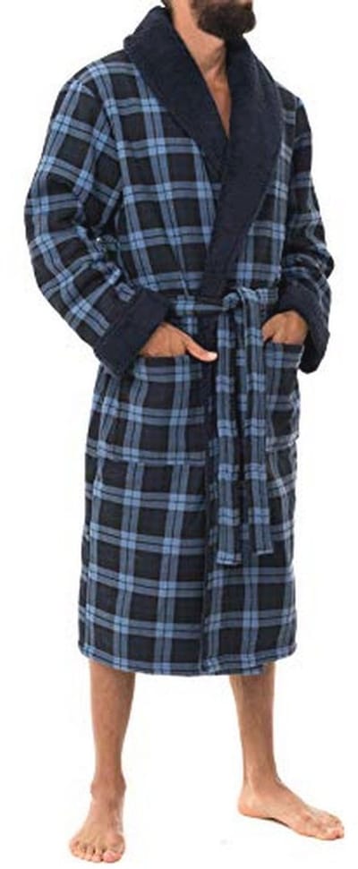 Warme Katoenen Fleece Ochtendjas voor Heren in Blauwe Plaid