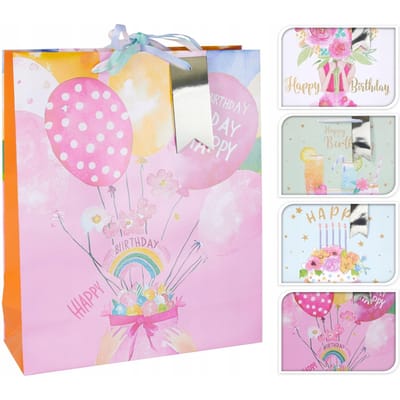 Koopman - Pastelkleurige Verjaardagscadeautas - 10x30x40 cm - Happy Birthday - Papieren Handvatten