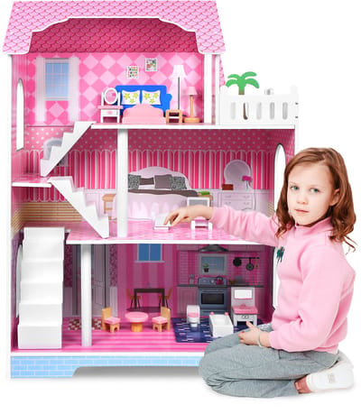 Kinderpoppenhuis, houten poppenhuisset, roze, 3 verdiepingen, poppenhuis met meubels en accessoires, poppenvilla, doe-het-zelf camperhuis, droomvilla, voor meisjes en jongens (Type B) NAIZY