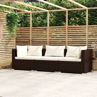 vidaXL - Driezitsbank - met - kussens - poly - rattan - bruin