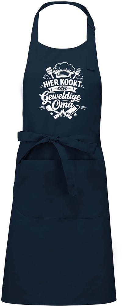mijncadeautje - luxe schort - hier kookt een geweldige oma - navy / blauw - opdruk wit