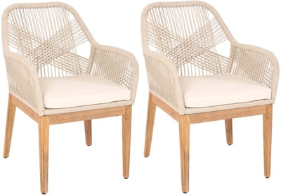 Set van 2 tuinstoelen MCW-H56b, tuinstoel, weerbestendig touwvlechtwerk Touwhout acacia ~ beige kussens crème-wit